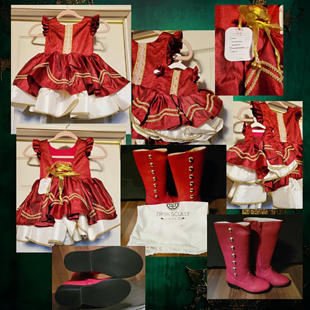 Dollcake RED Festive Gleam Dress size 3T, incl 18 in. doll dress & size 9 boots!